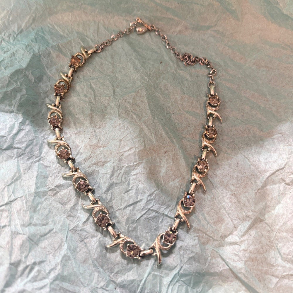 Vintage Silver Tone‎ Smoky Rhinestone Crescent Link Collar Necklace 16 Inch